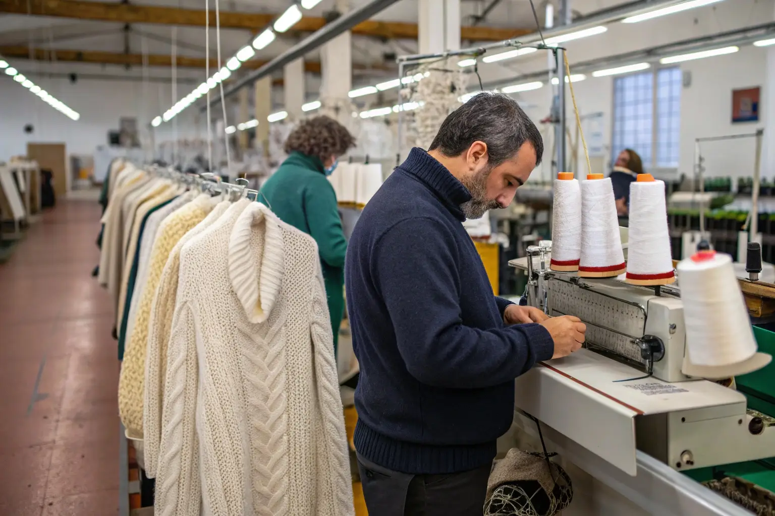 Worker operating a knitting machine in a sweater manufacturing factory.