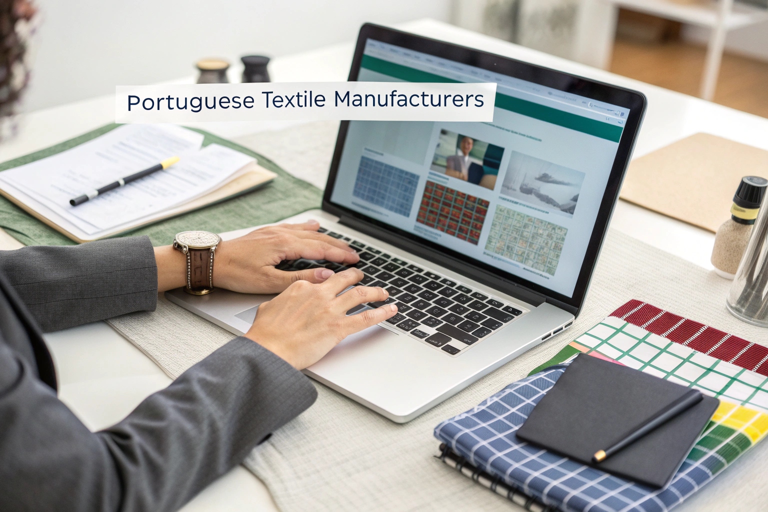 Business professional researching Portuguese textile manufacturers online.