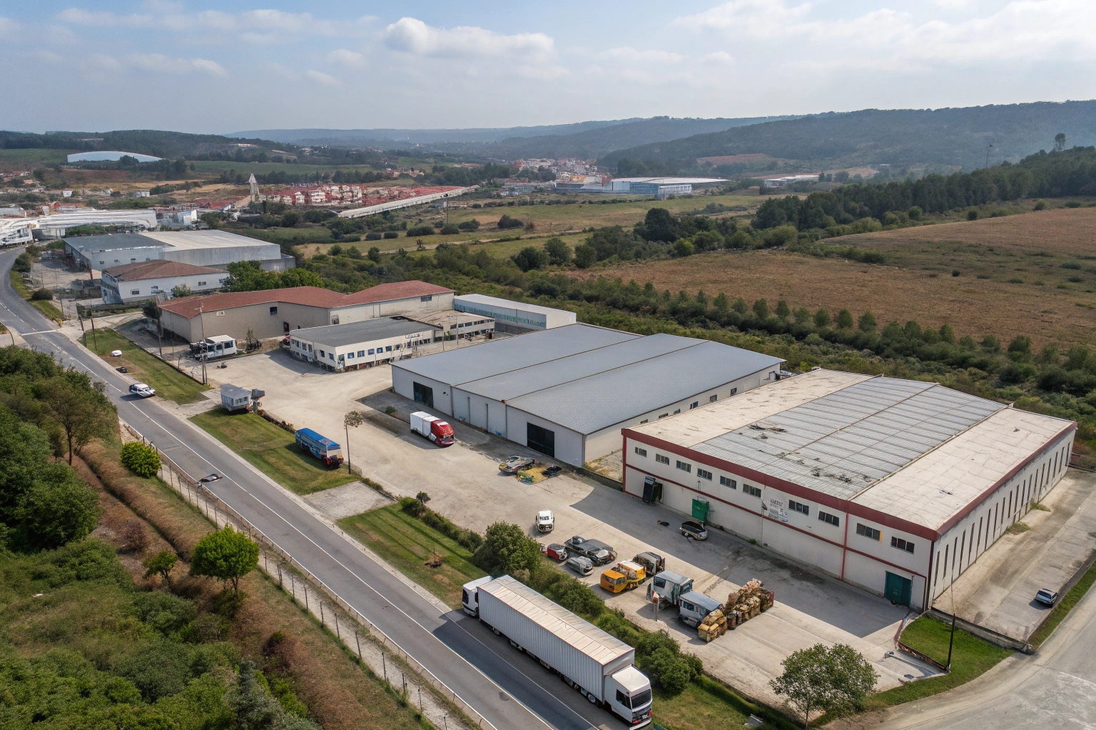 Aerial view of an industrial warehouse and manufacturing facility.