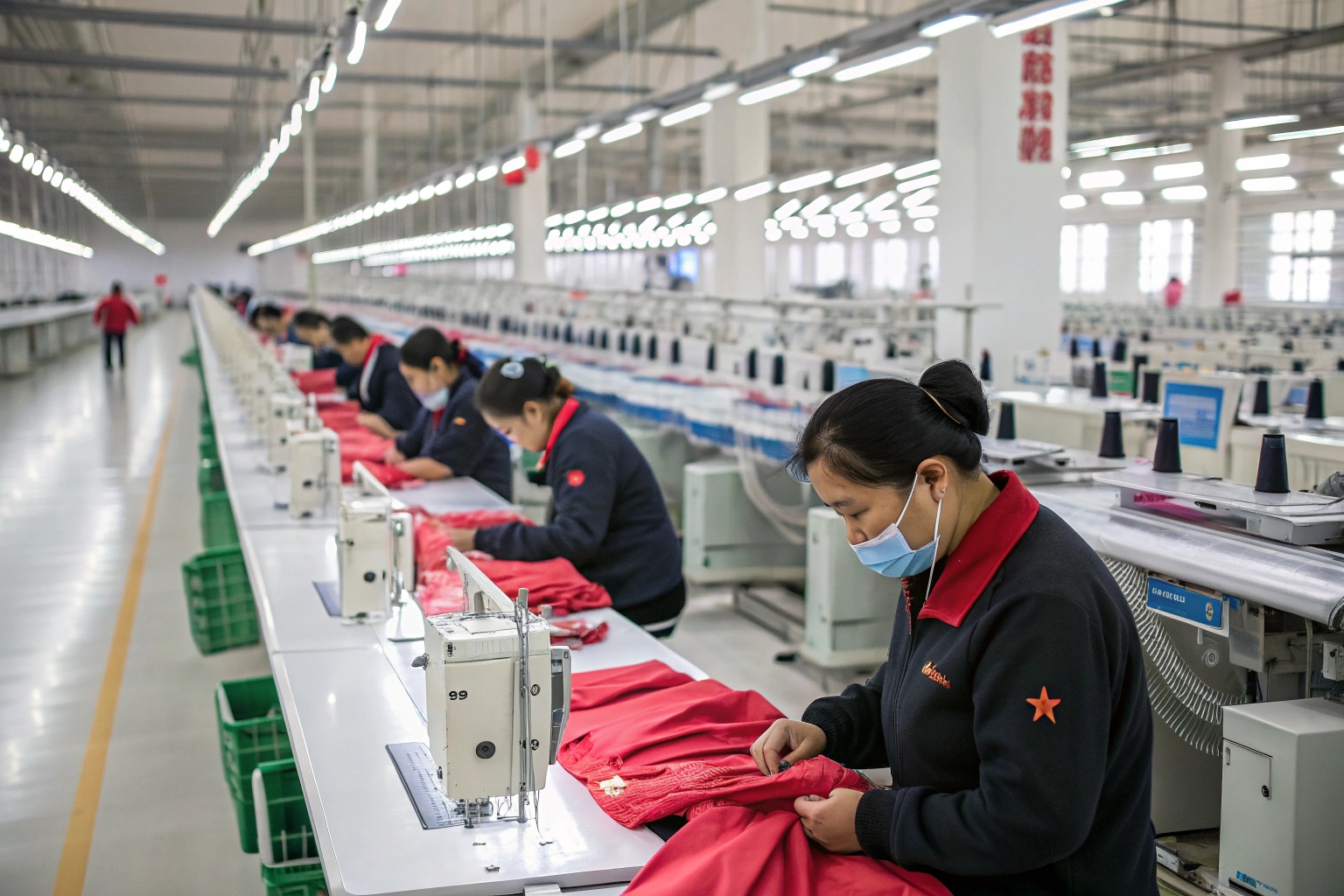 Workers sewing garments in a large-scale clothing factory production line.
