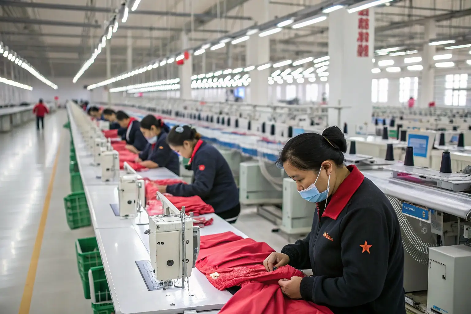 Workers sewing garments in a large-scale clothing factory production line.