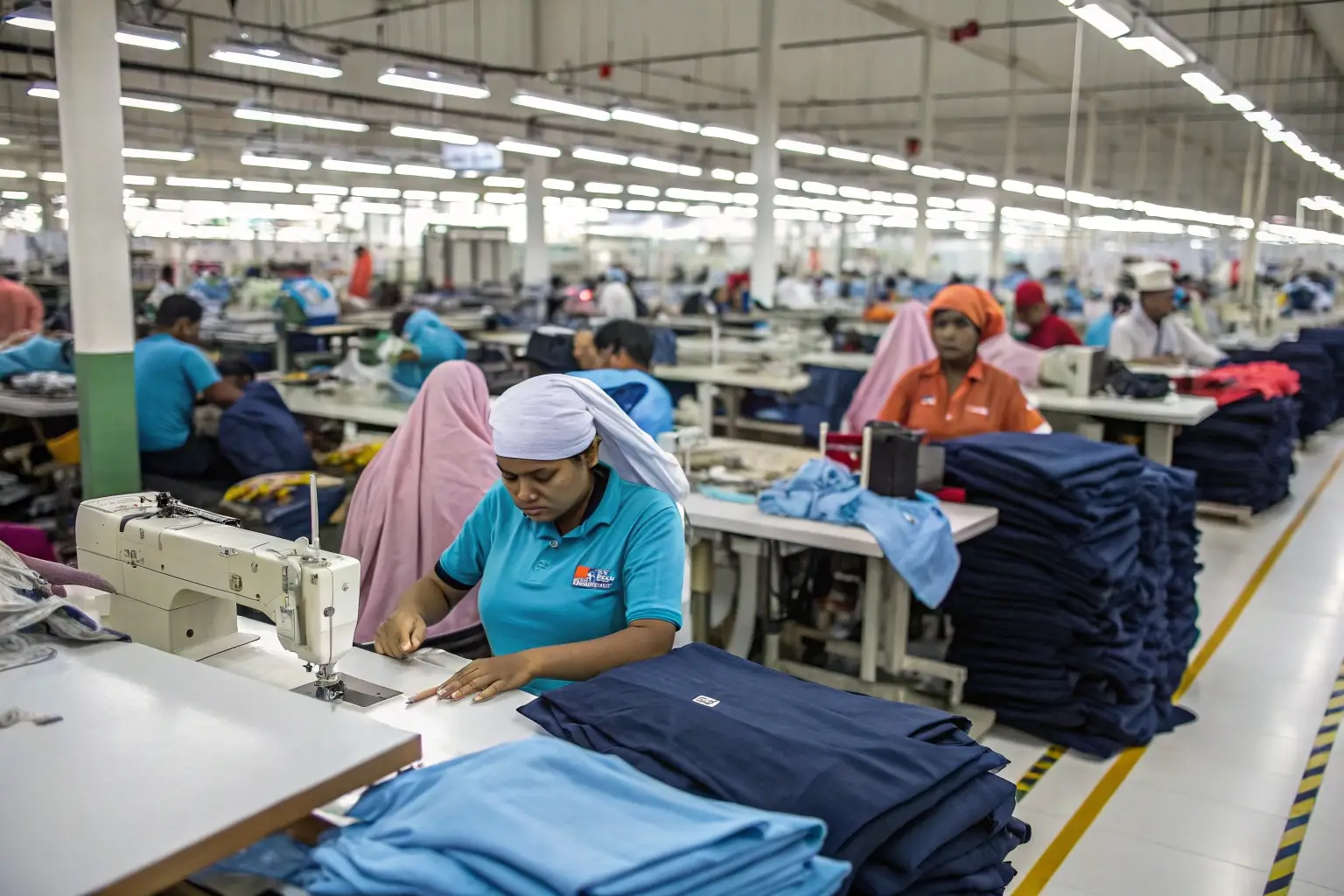 Workers sewing and assembling garments in a large clothing factory.