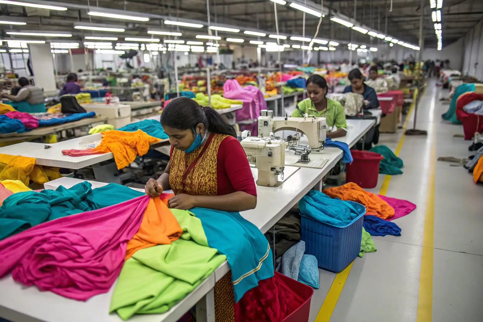 Garment factory workers sewing colorful fabrics, producing apparel efficiently