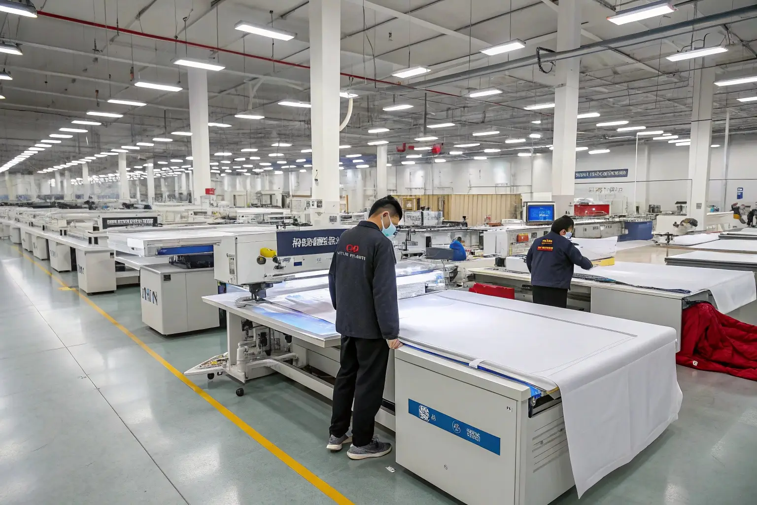 Automated fabric cutting machines operating in a modern garment factory