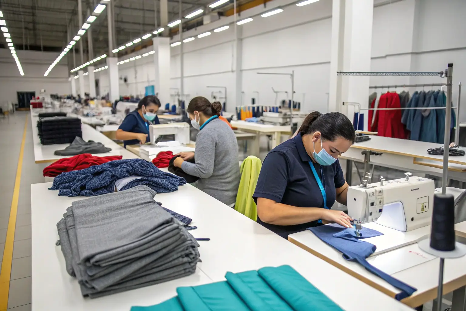 Skilled workers sewing garments in a clean and organized textile factory