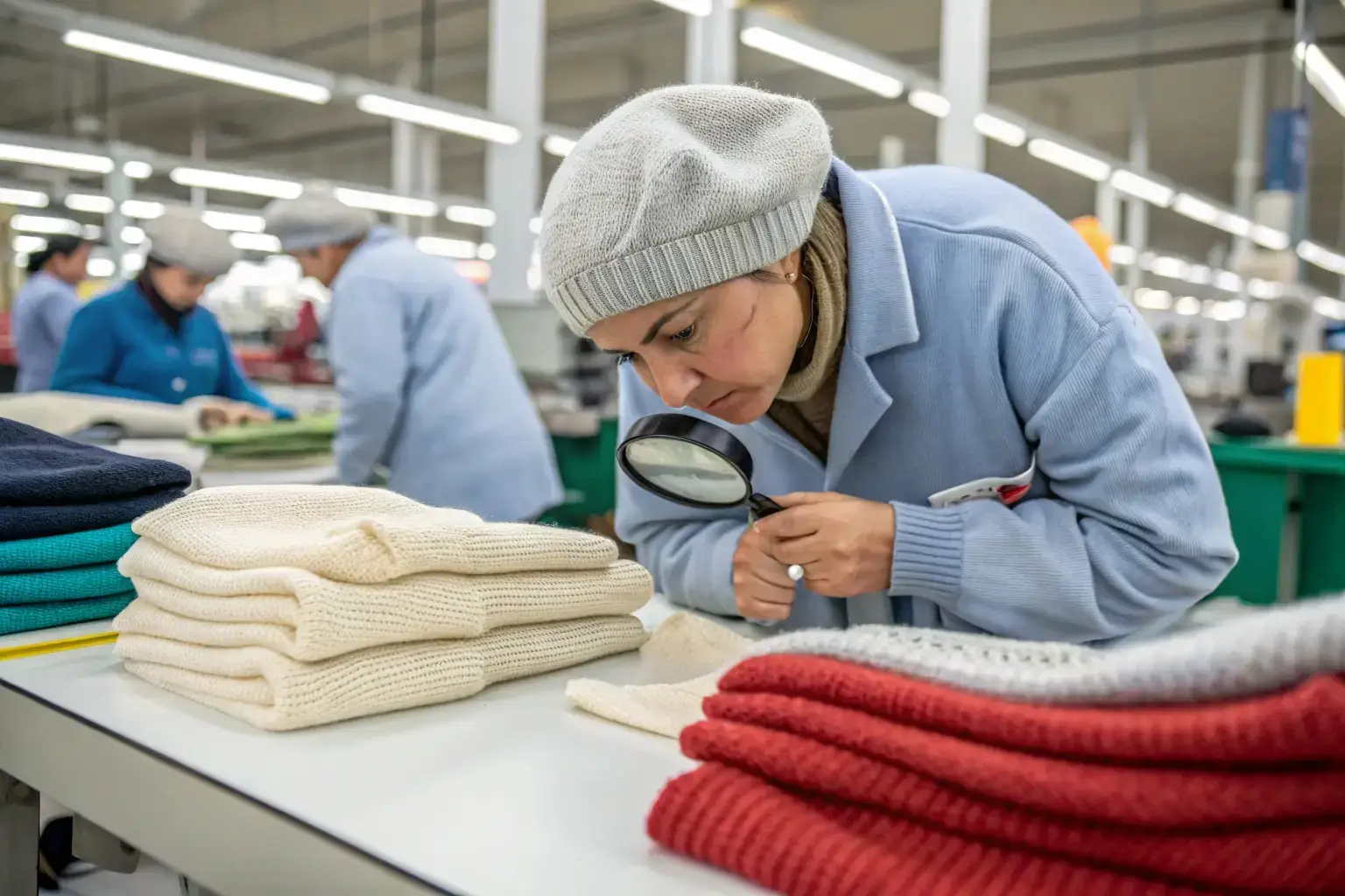 Quality control inspector examining knitted garments in a textile factory