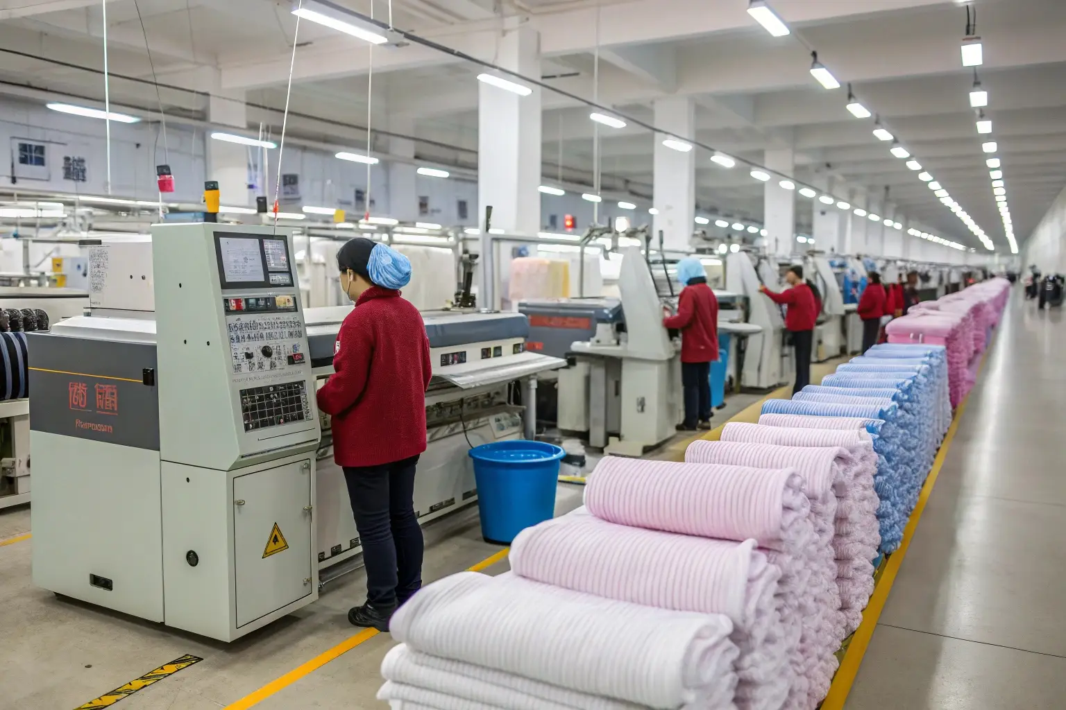 Automated knitting machines producing high-quality fabric in a textile factory