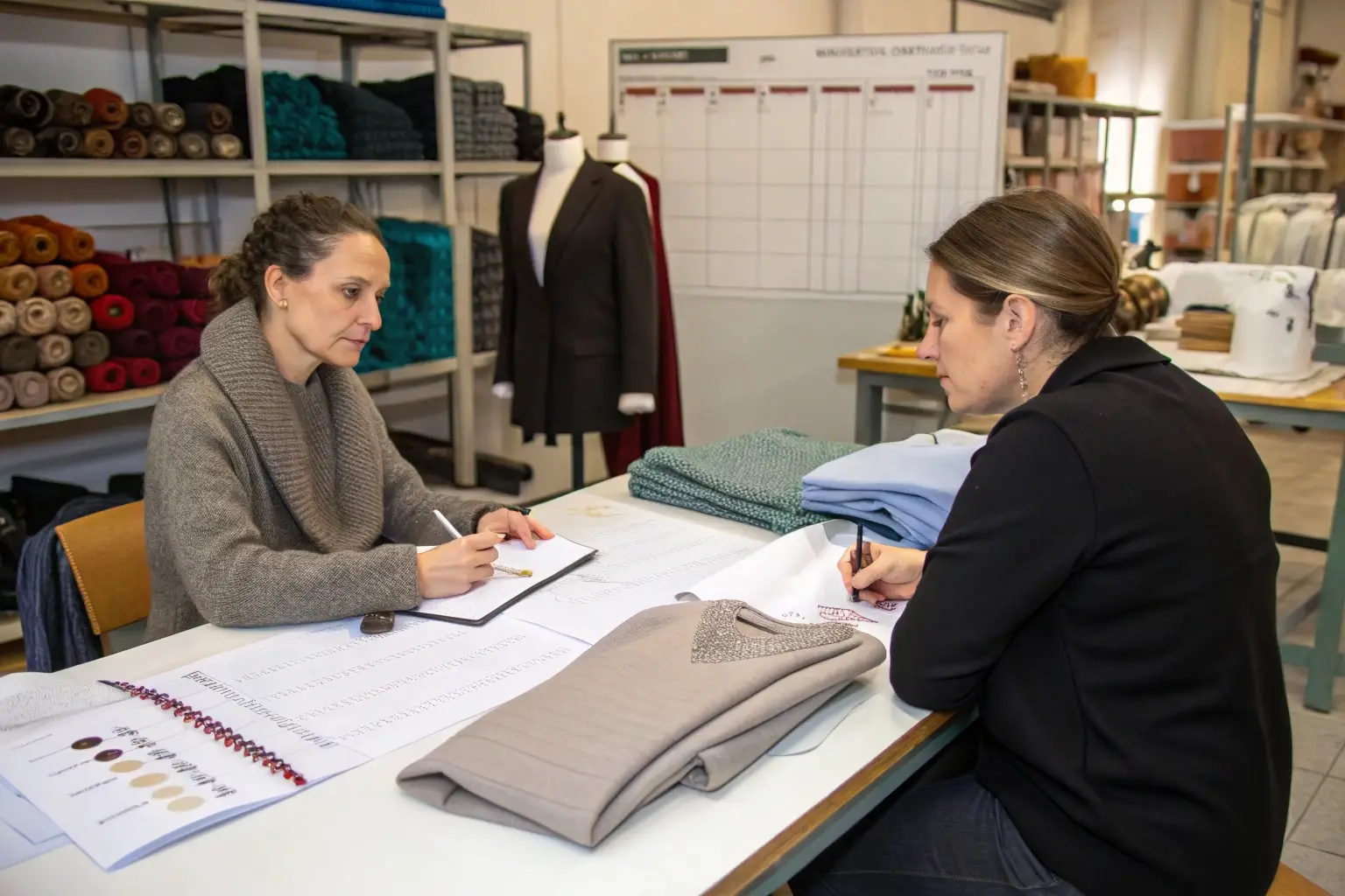 Fashion designers discussing fabric and garment details in a textile studio