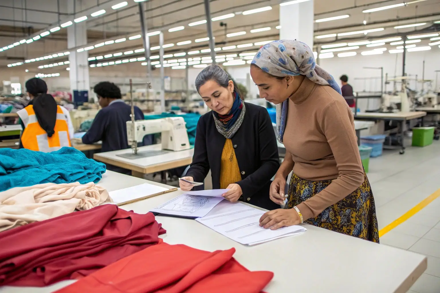 Apparel manufacturing consultation Garment factory workers reviewing fabric and production plans