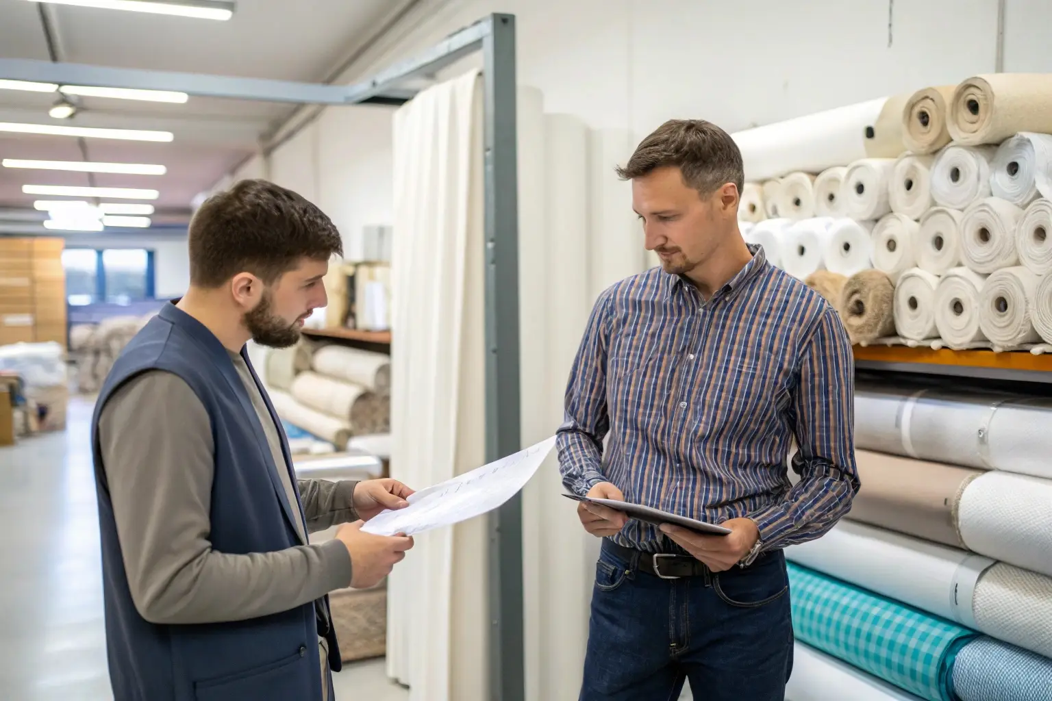 Textile industry professionals discussing fabric selection and production details