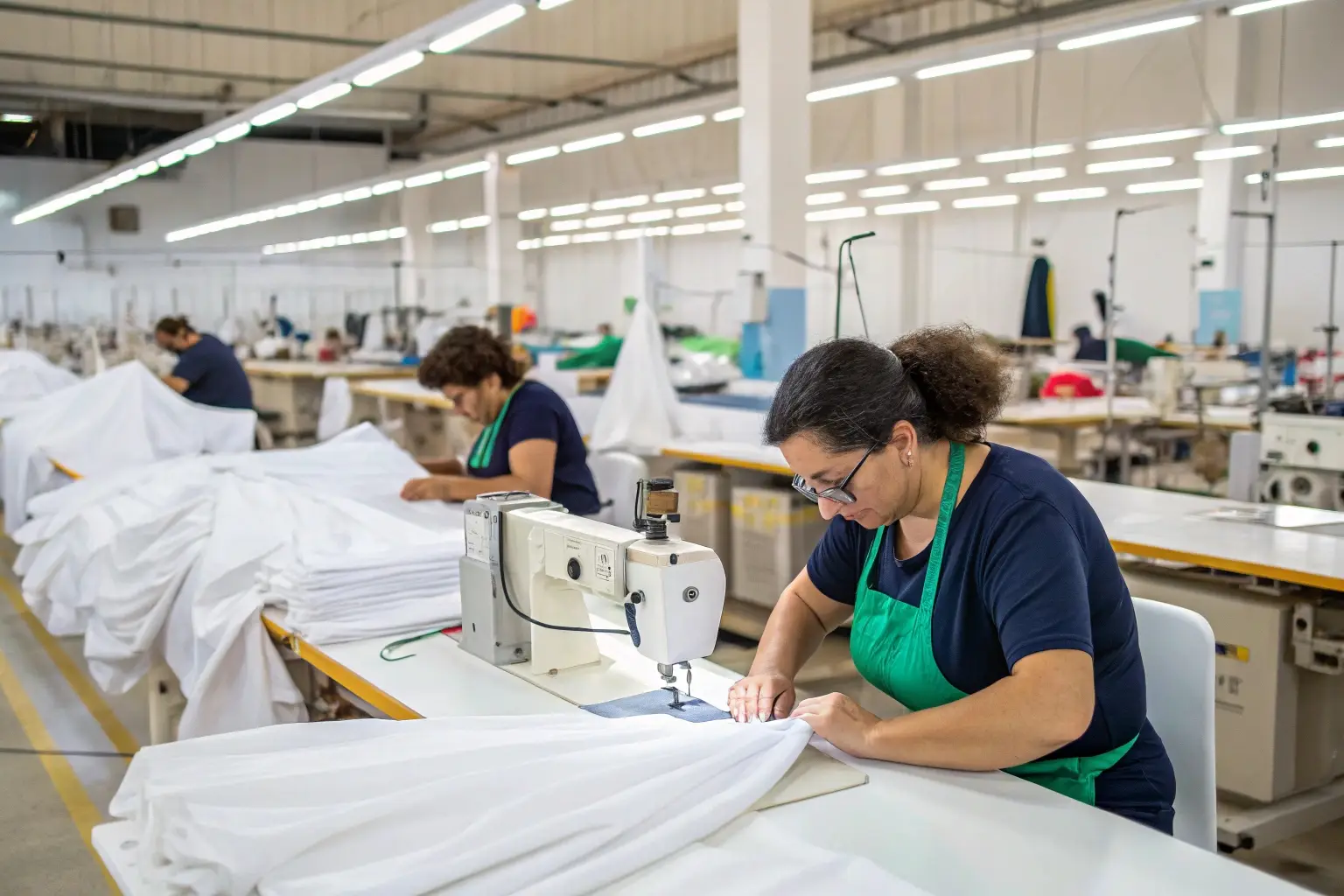 Skilled workers sewing white fabric in a large garment factory