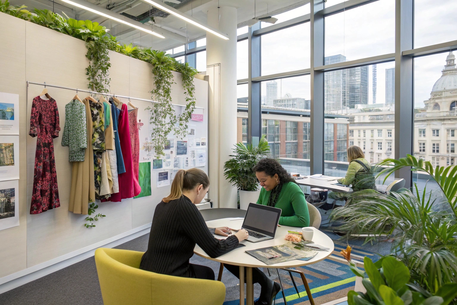 Fashion designers collaborating in a modern, eco-friendly workspace