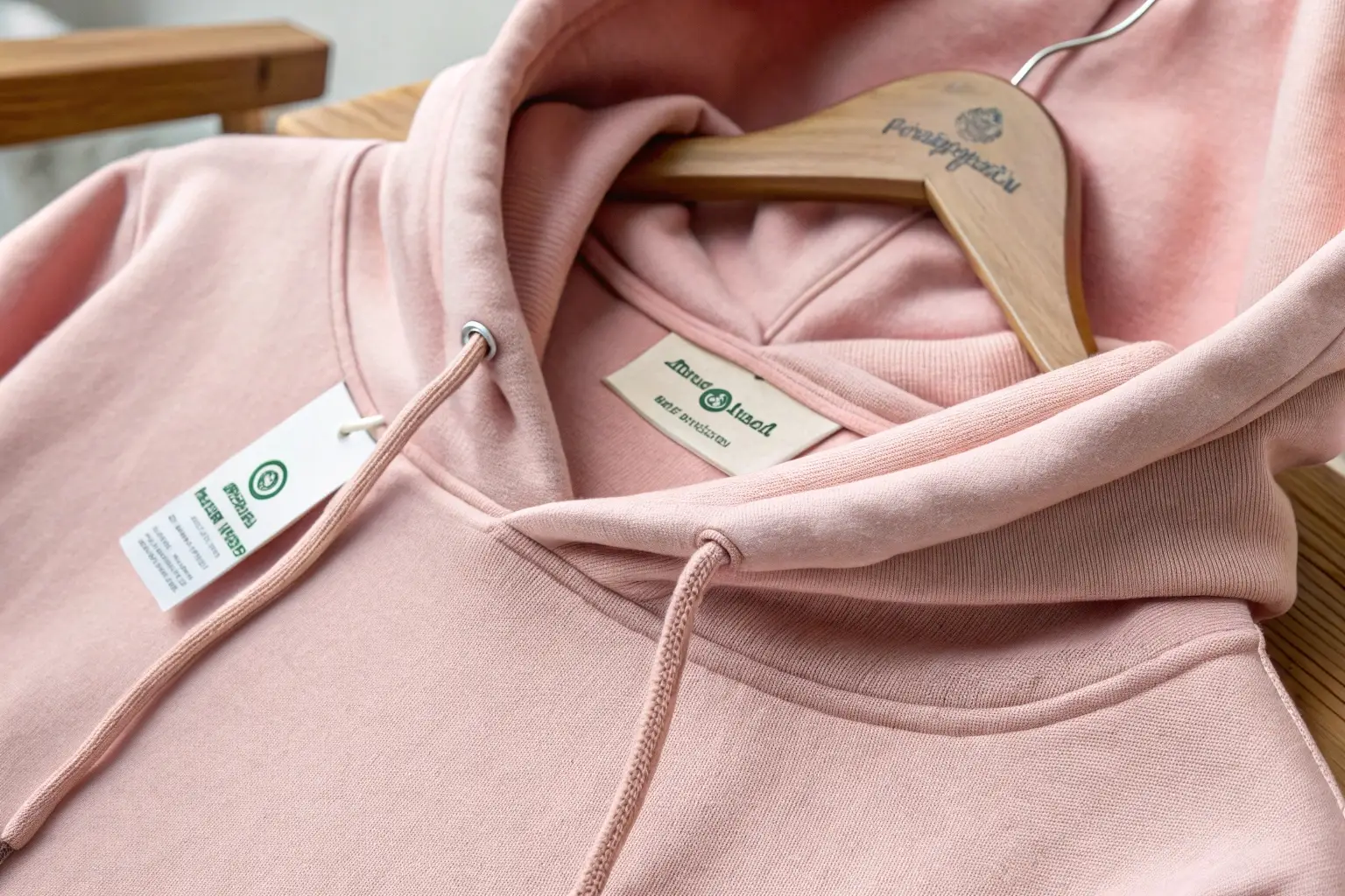 Sustainable pink hoodie with eco-friendly fabric label on a wooden hanger
