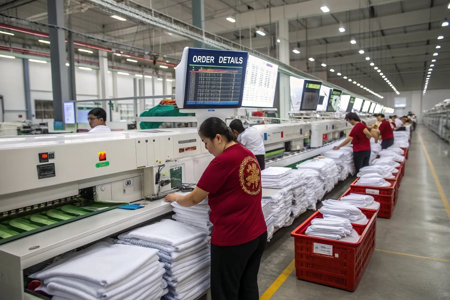 Automated textile factory processing and packaging garments efficiently