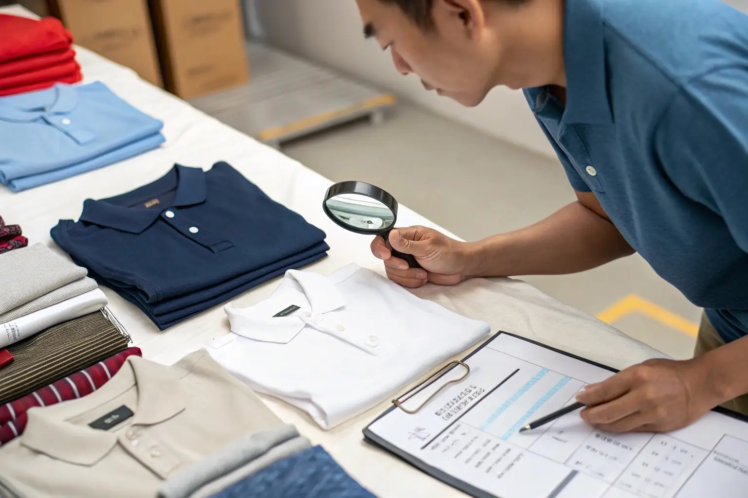 Quality control inspector examining polo shirts in a garment factory