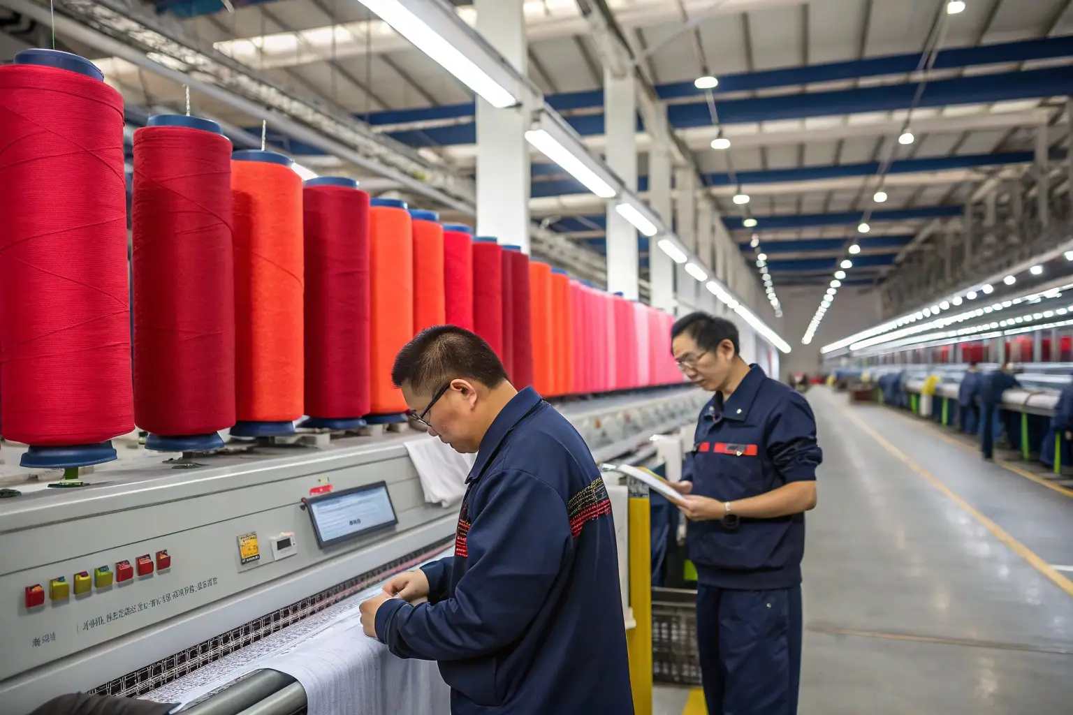 Textile factory workers inspecting fabric production process