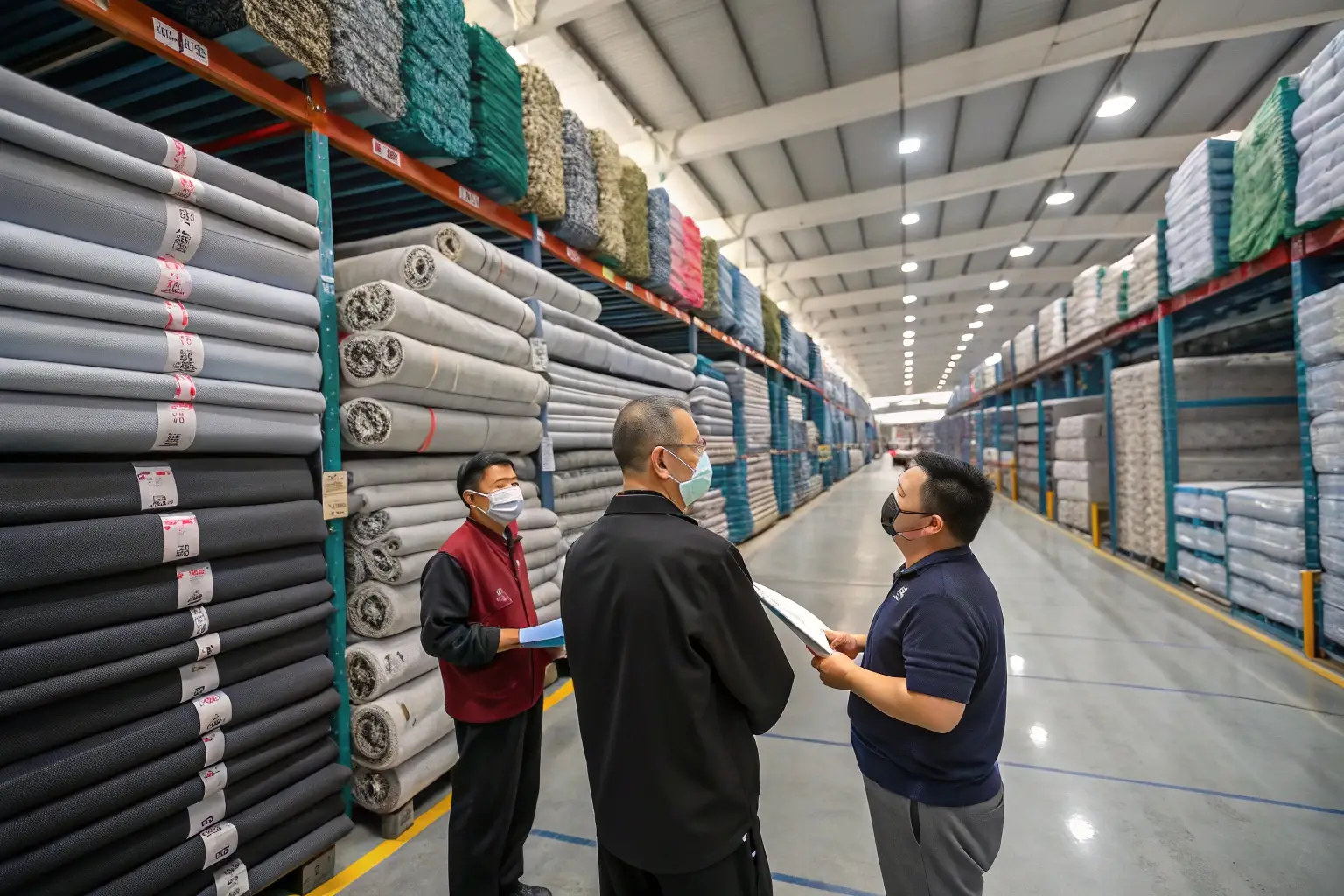 Large fabric warehouse, bulk textile supply, material inspection