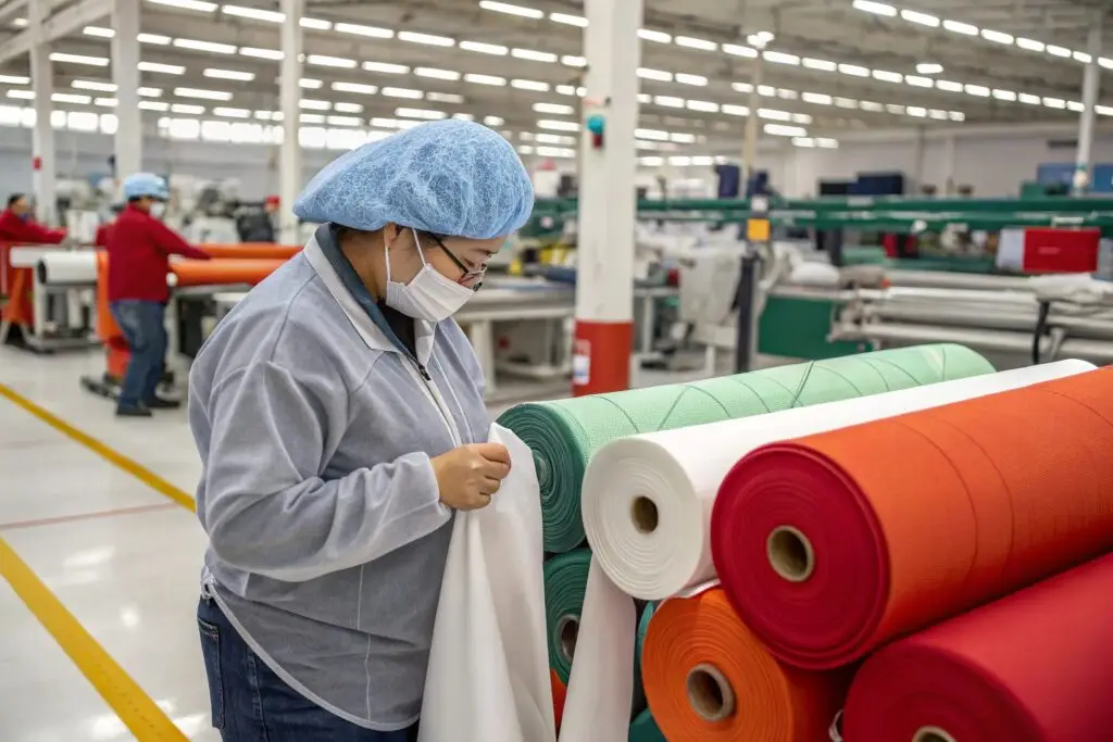 a-factory-worker-inspecting-fabric-rolls-and-fini