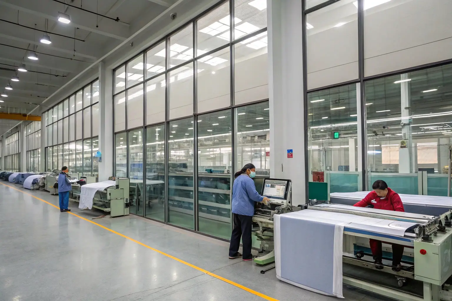 Modern garment factory with automated fabric cutting machines