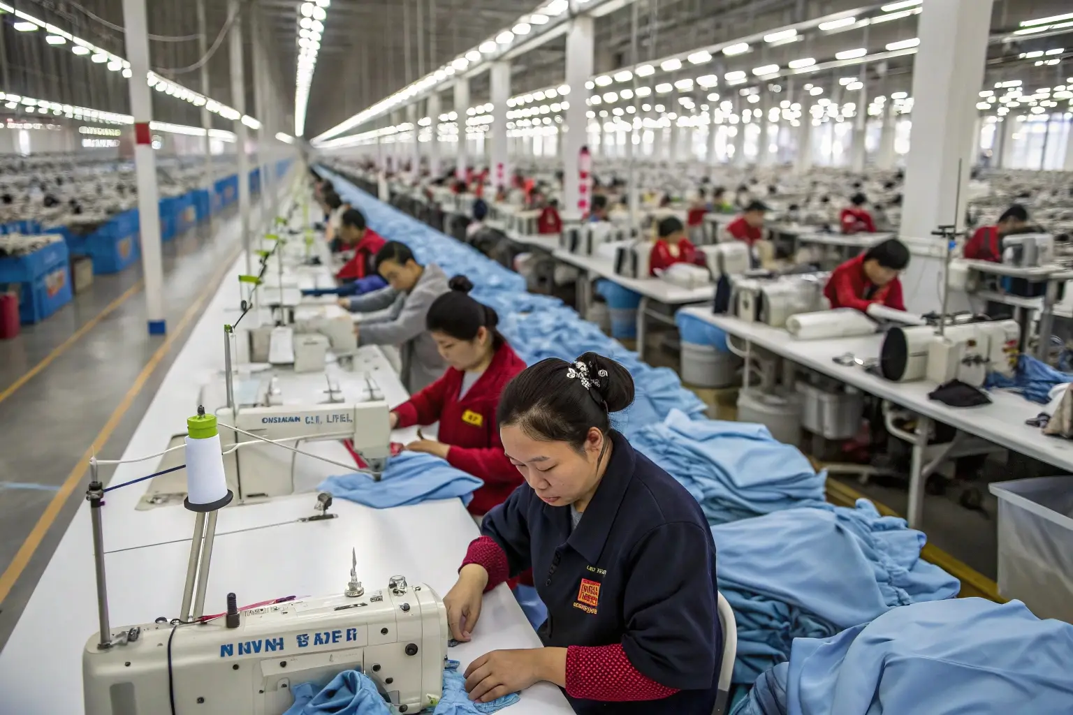 Large-scale garment factory with workers sewing clothes