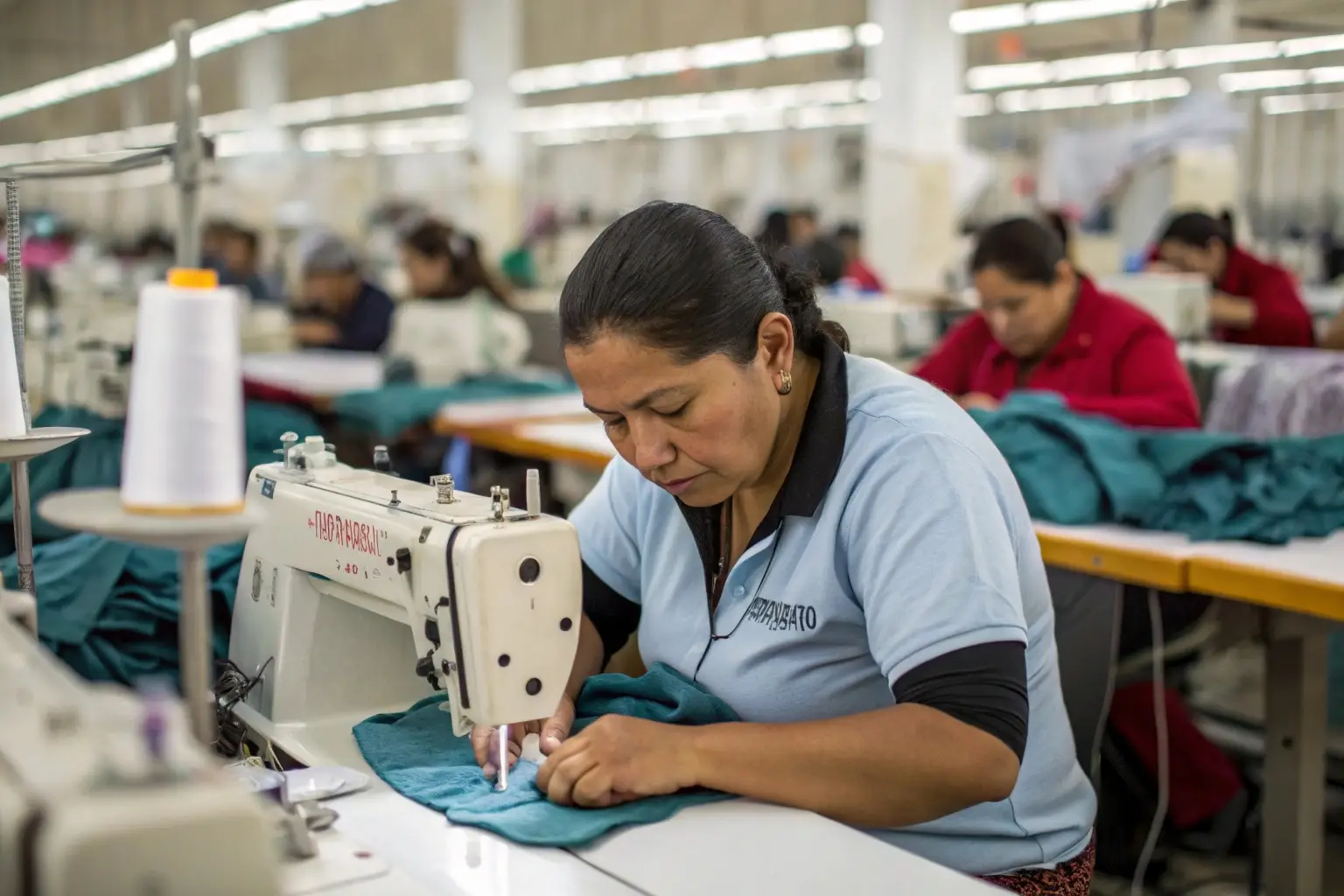 Skilled worker sewing garments in a textile factory