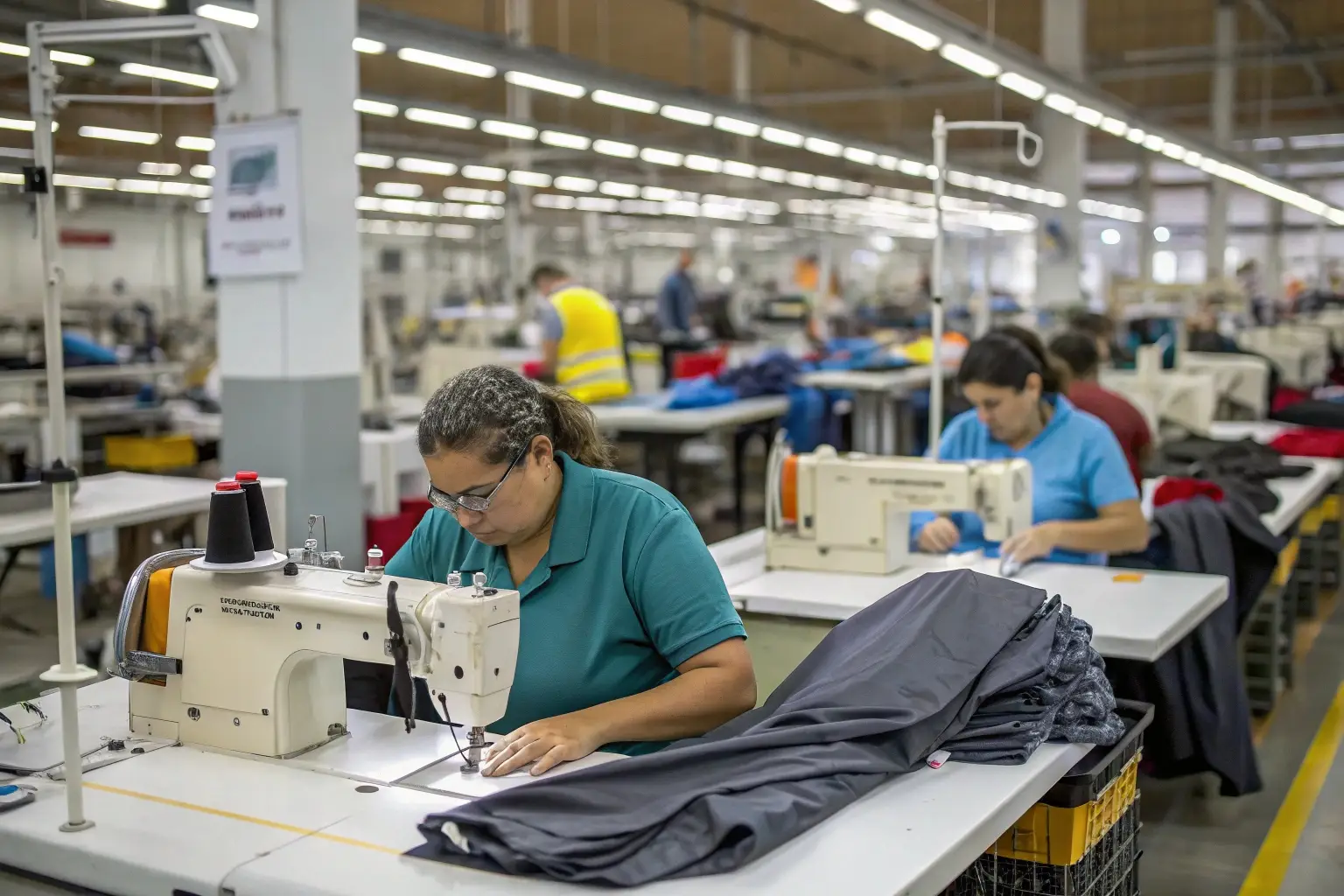 Garment workers sewing clothing in a textile factory