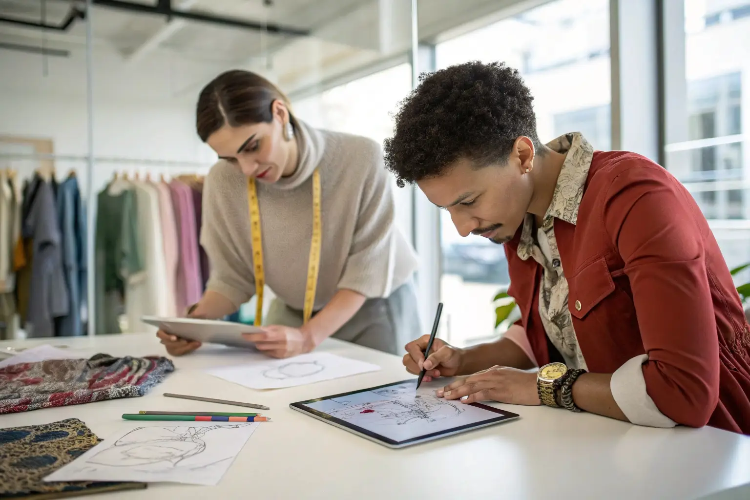 Fashion designers creating new clothing sketches