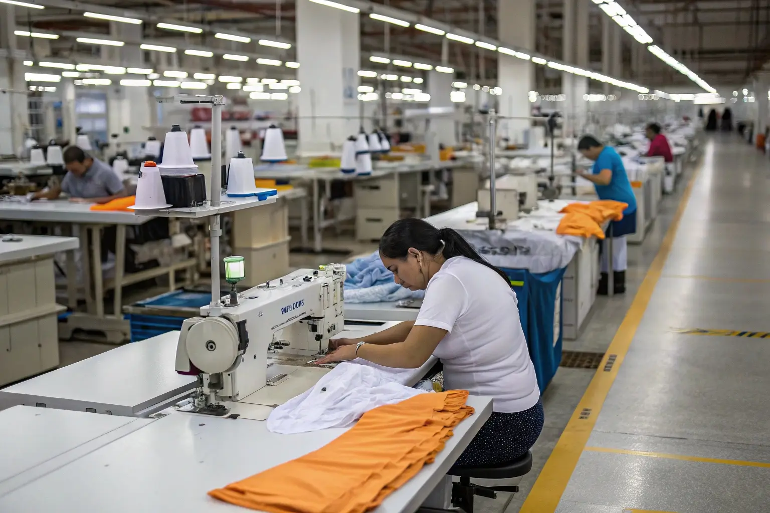 Textile factory workers sewing garments on production line