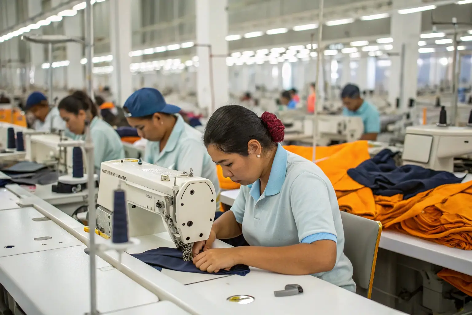 Skilled garment workers sewing clothing in a factory