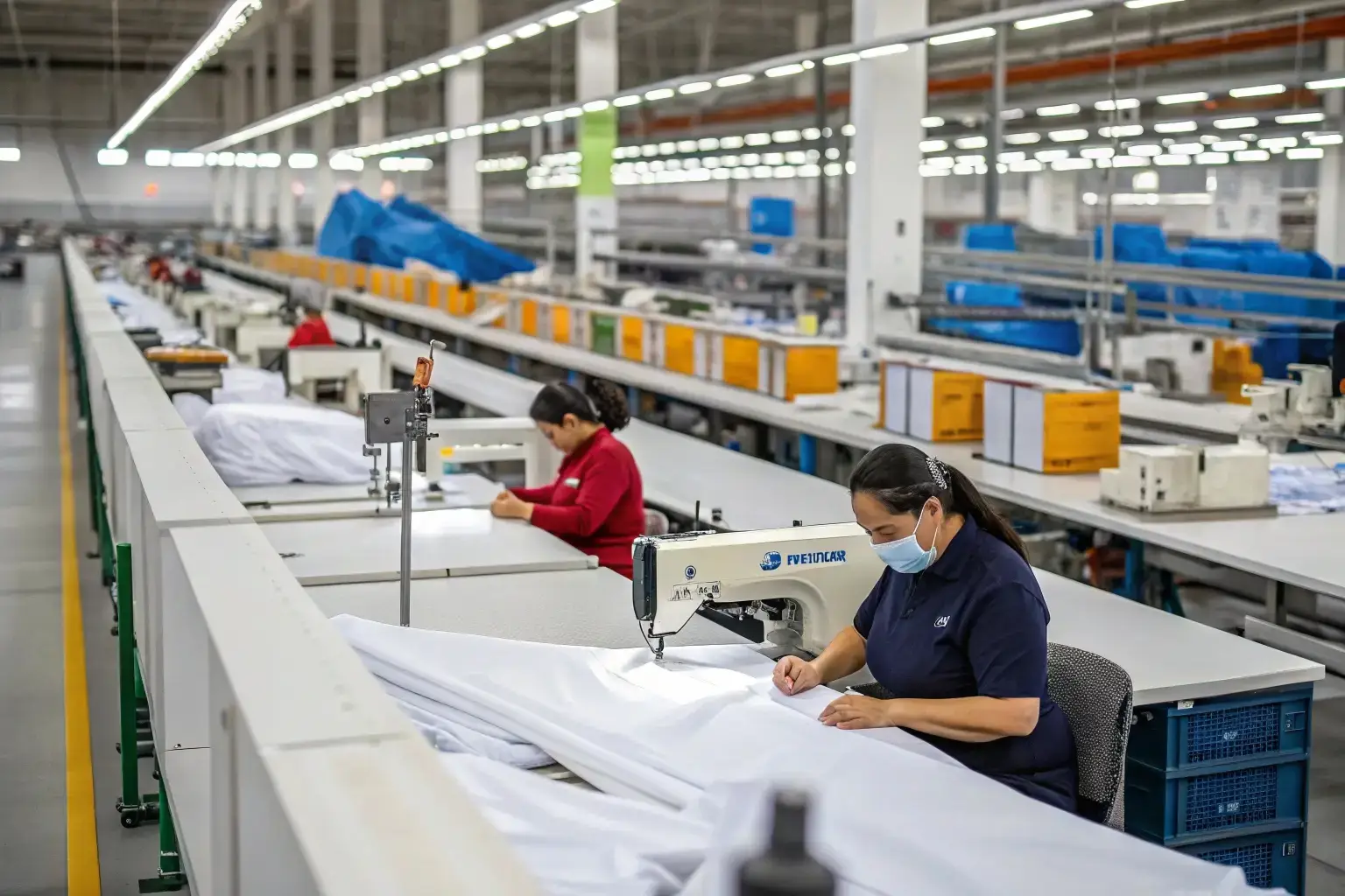 Workers sewing garments on an industrial production line