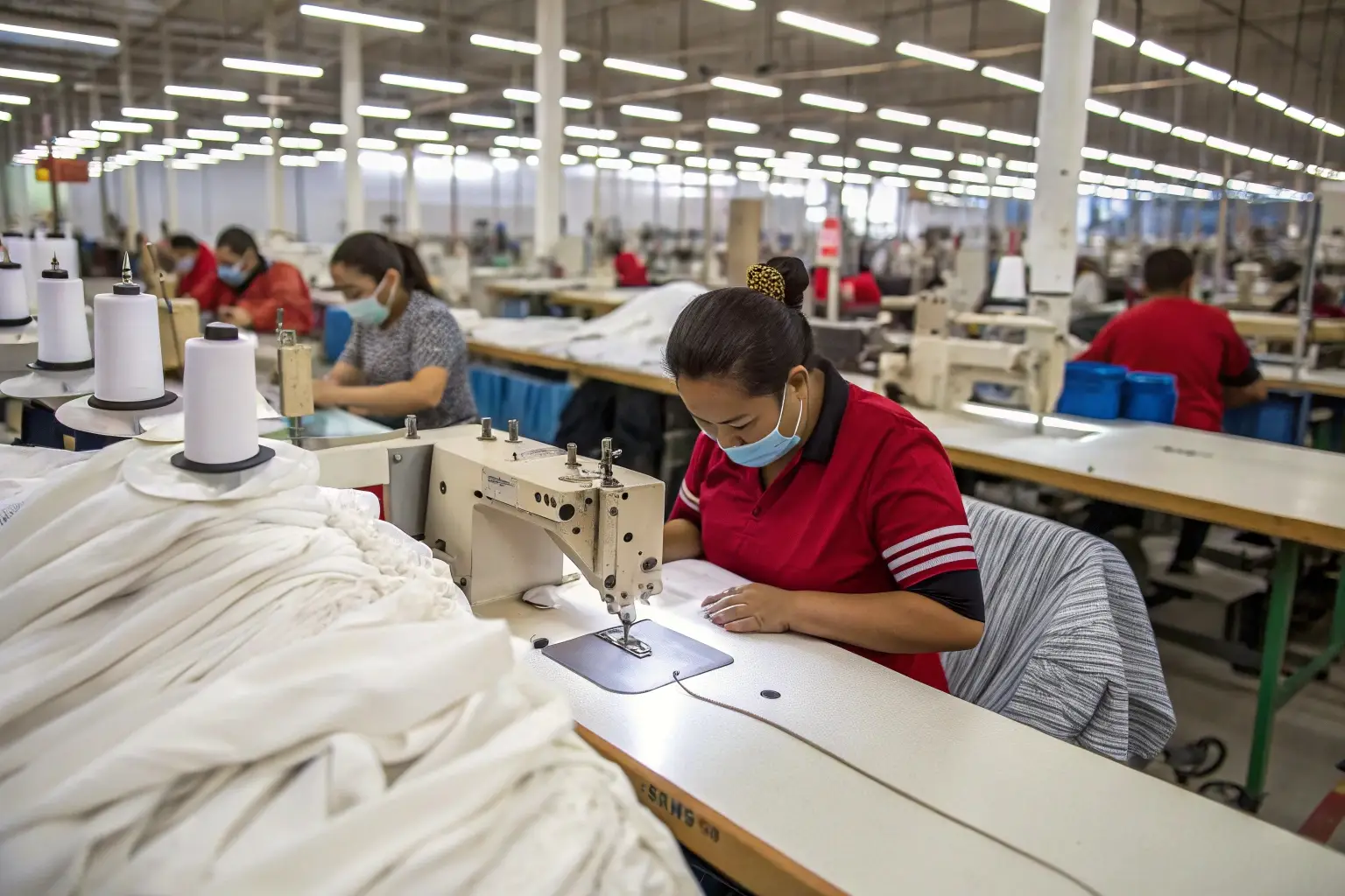 Factory workers sewing garments in a large textile facility