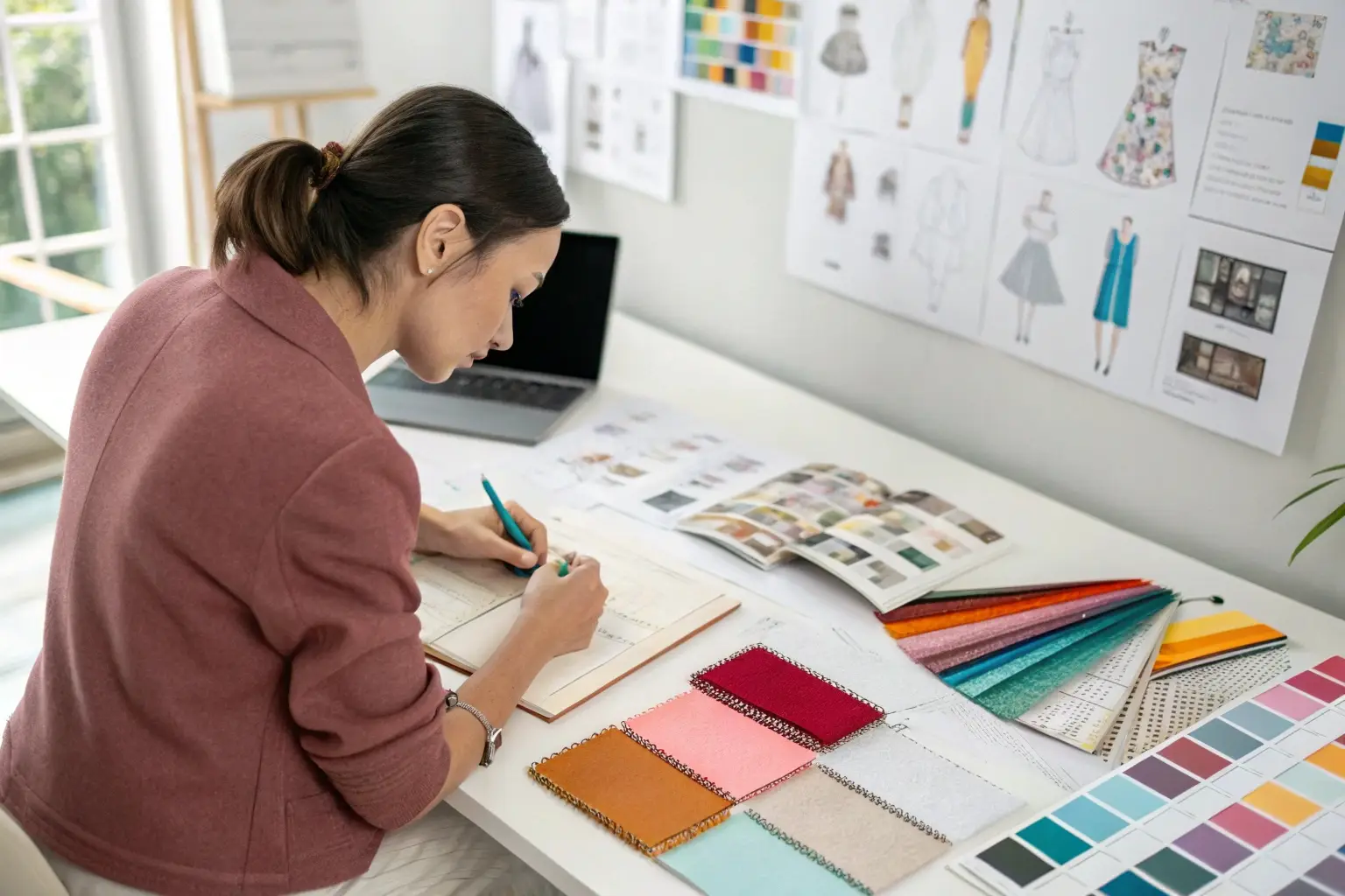 Fashion designer selecting fabric swatches for new collection