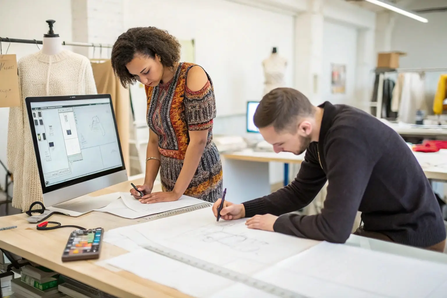 Fashion designers sketching new clothing concepts