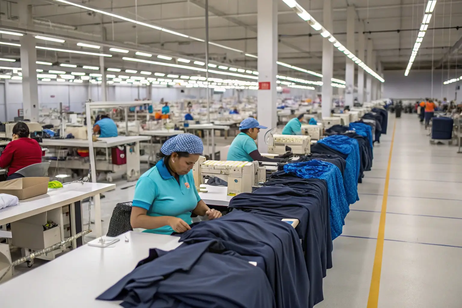 Workers sewing garments in a large-scale textile factory