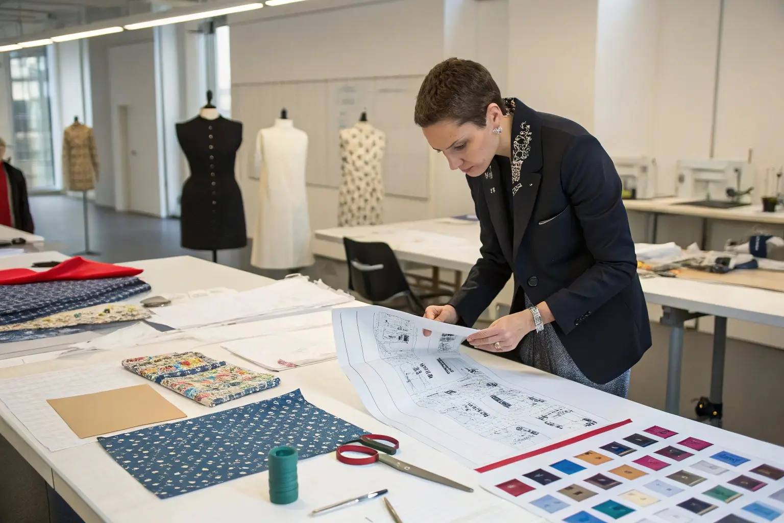 Fashion designer reviewing garment patterns in a studio