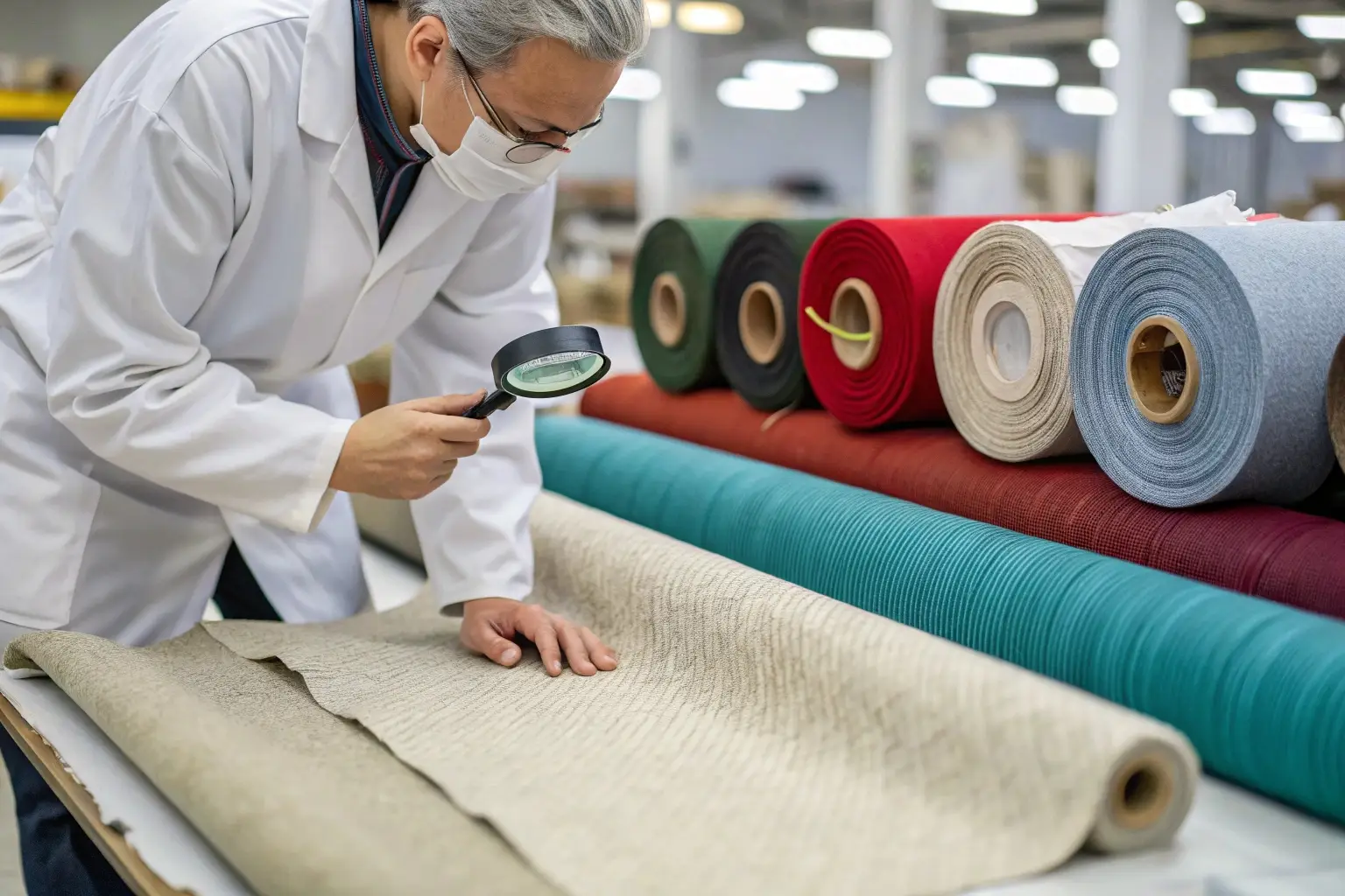 Textile expert inspecting fabric quality in a factory