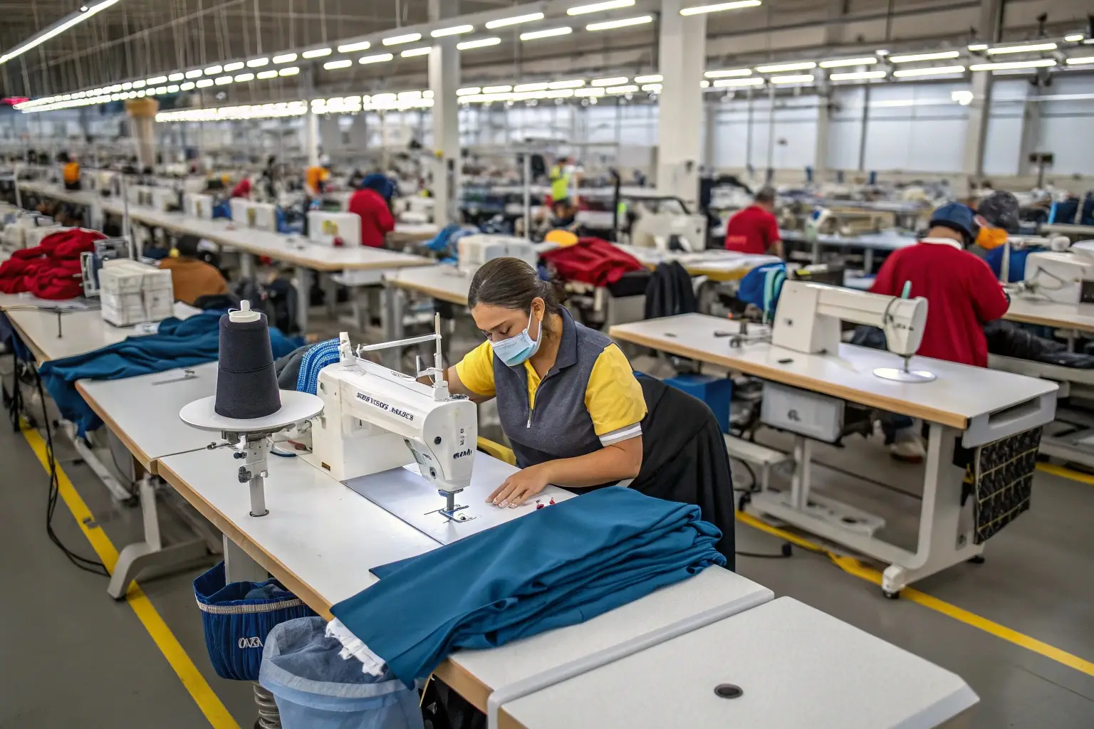 Workers sewing garments in a large textile production facility
