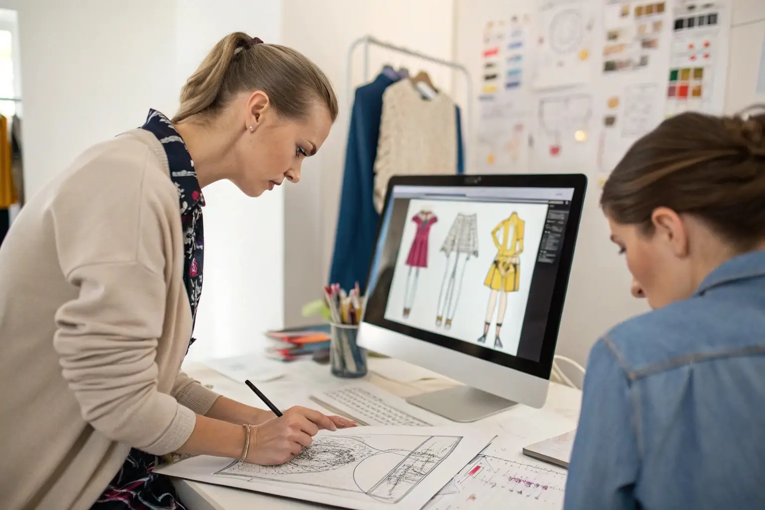 Fashion designers working on digital clothing sketches
