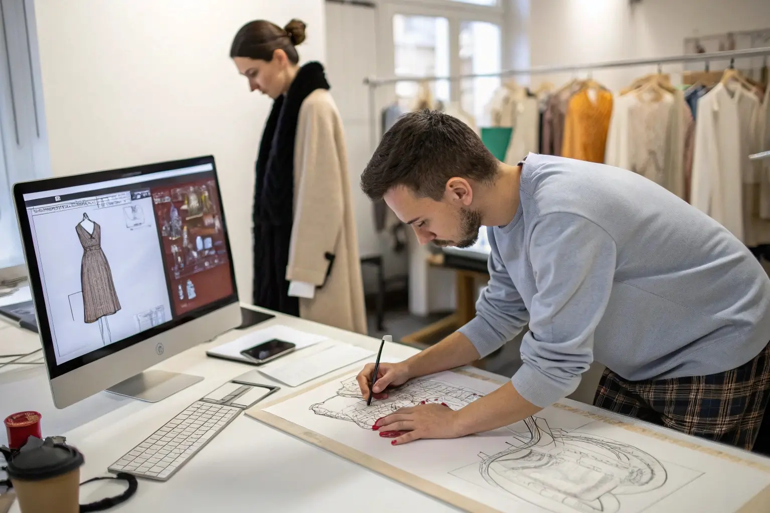 Fashion designer sketching dress patterns in a studio
