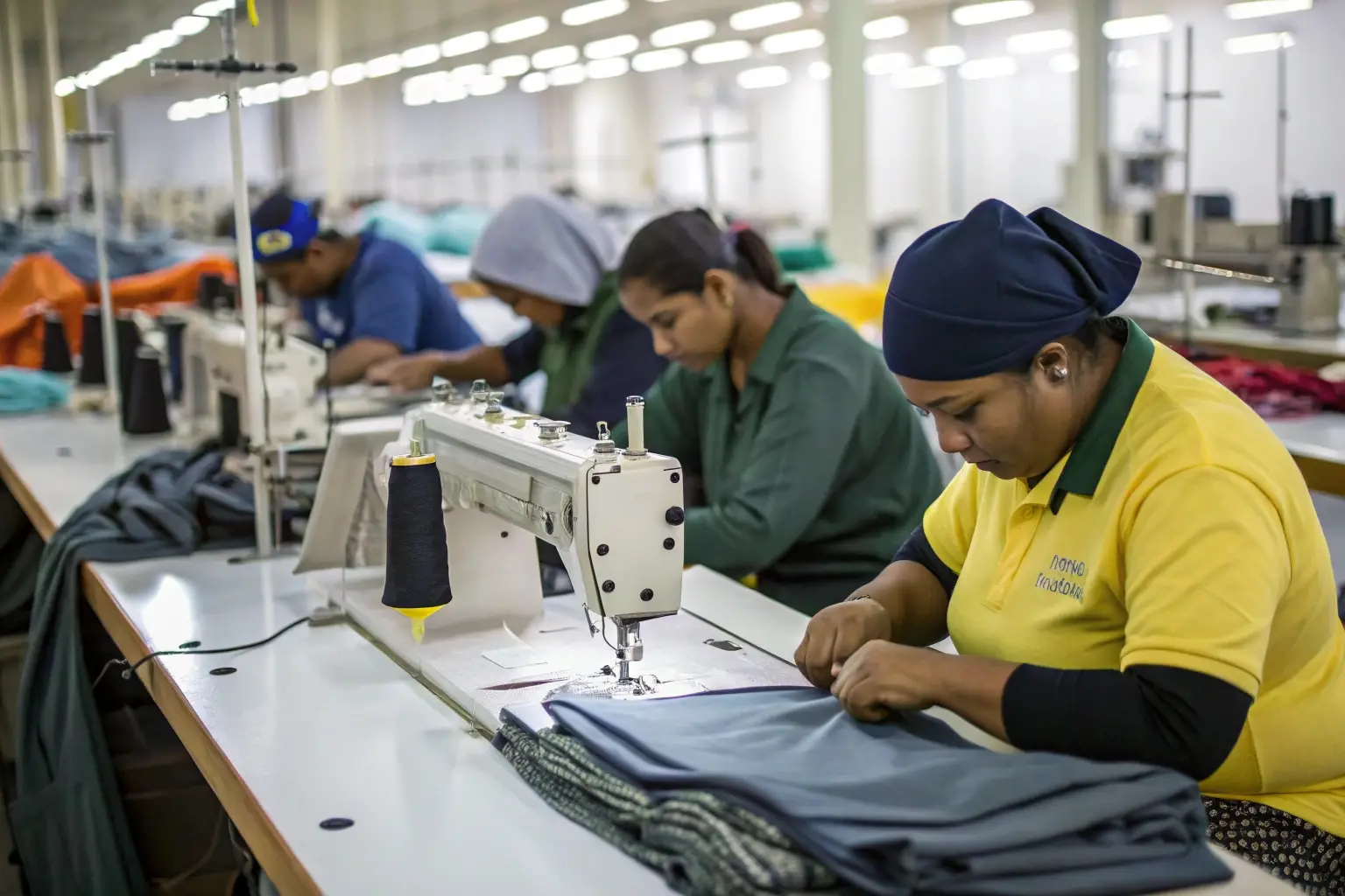 Textile factory workers sewing garments on production line