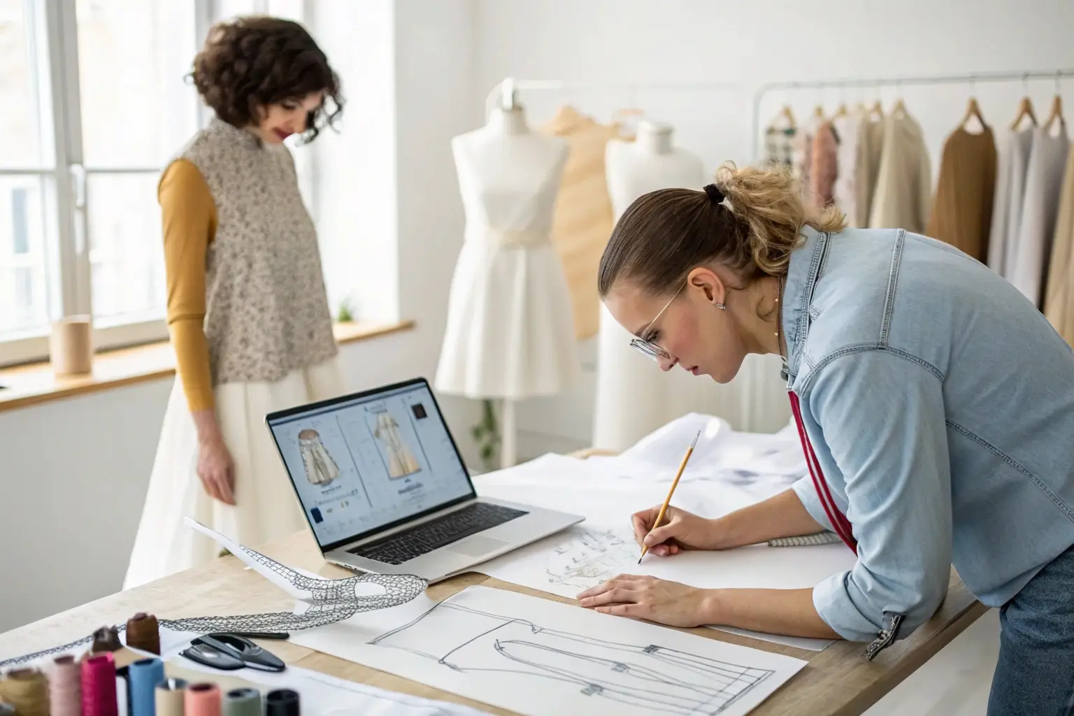 Fashion designer sketching dress patterns in a creative studio