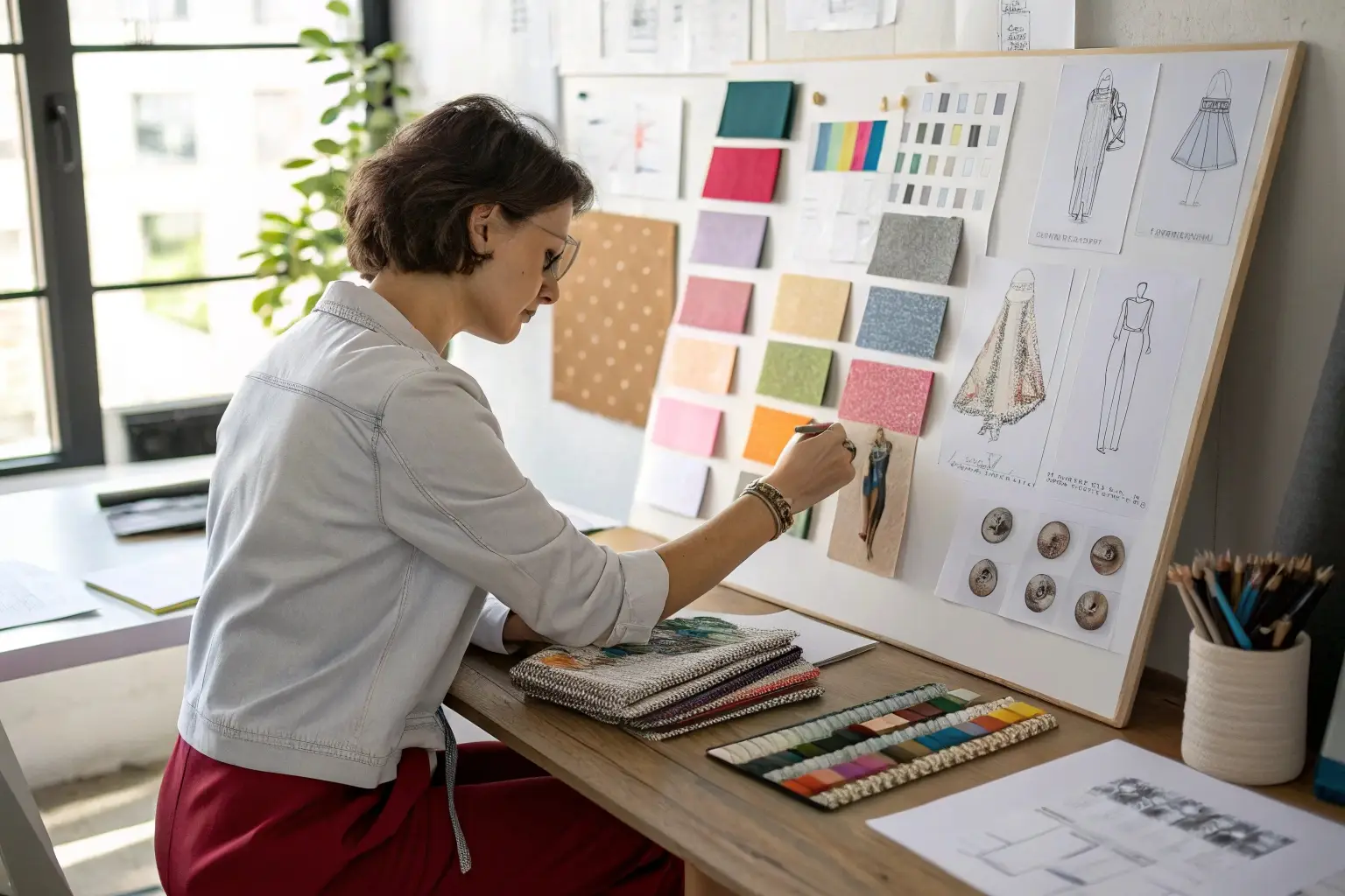 Fashion designer creating a mood board with fabric samples
