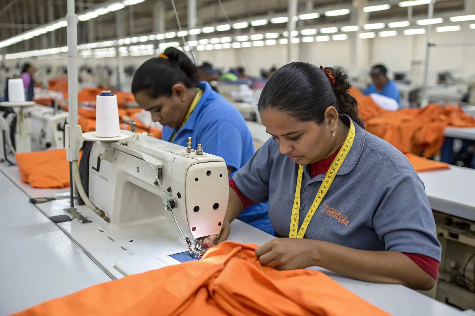 Garment factory workers sewing clothes, mass production process