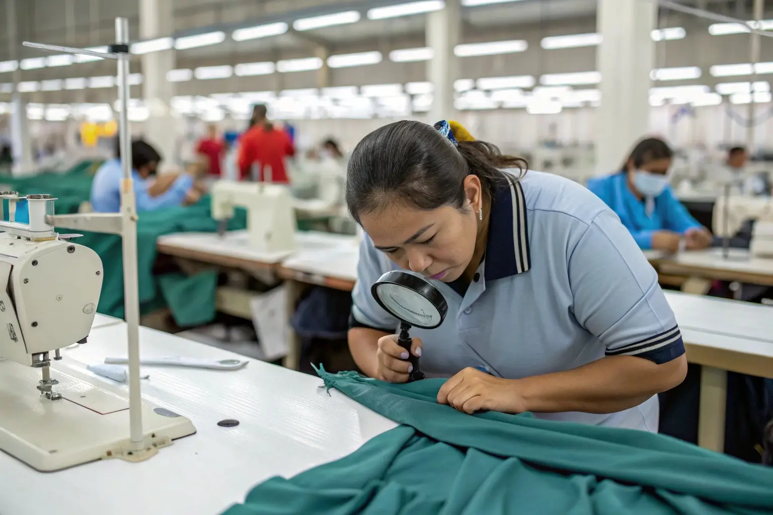 Garment factory worker inspecting fabric quality, quality control process