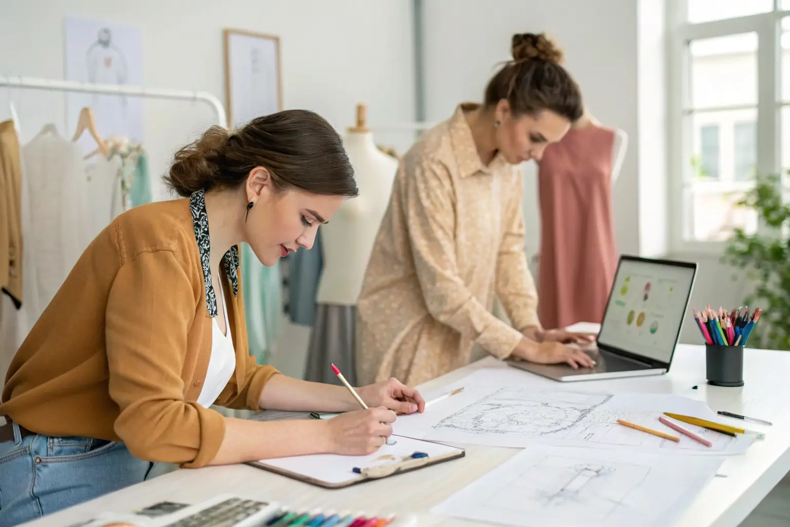 Fashion designers working on sketches, creative clothing development