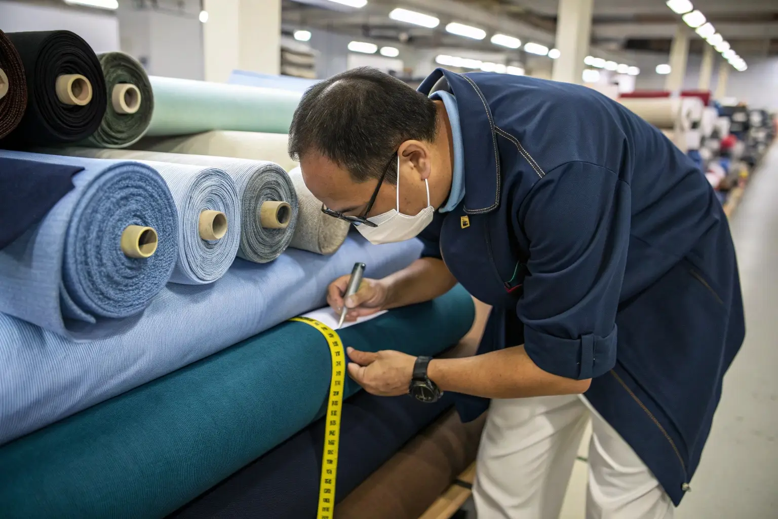 Fabric inspector measuring textile rolls, quality assurance process