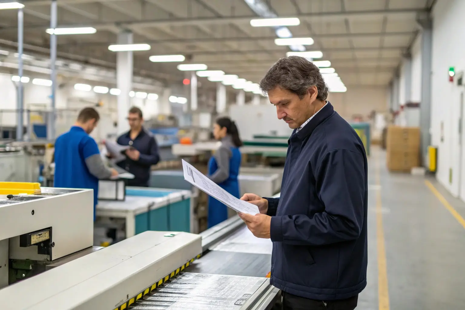 Factory manager reviewing production documents, industrial inspection