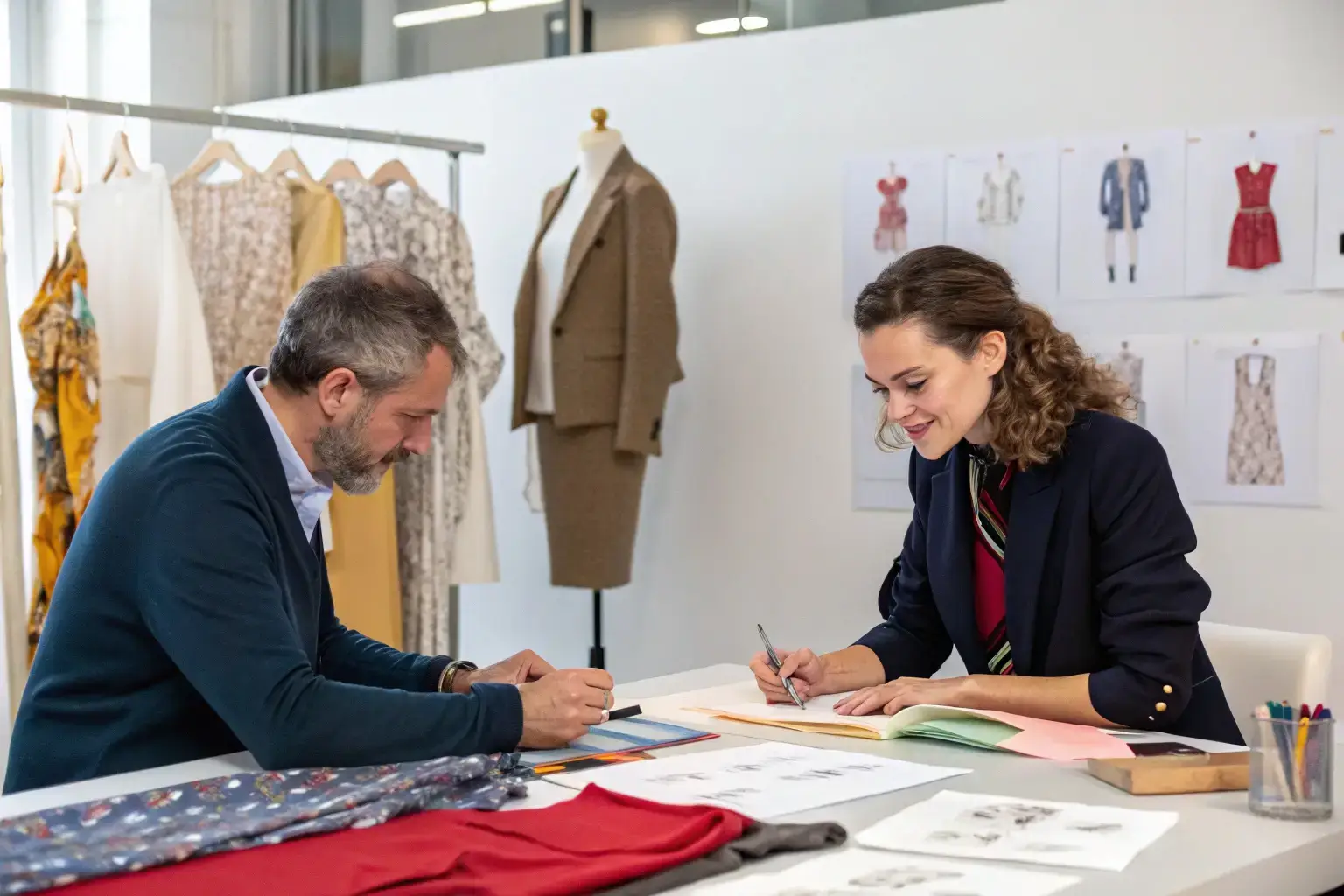 Fashion designers discussing sketches, garment samples on table