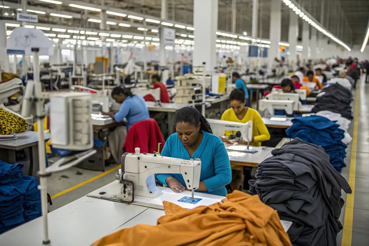 Workers sewing garments in textile factory, large-scale production