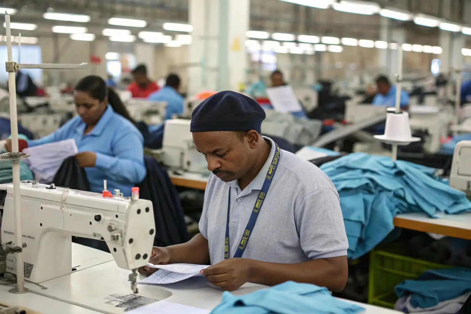Garment worker checking design sheet in clothing factory